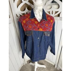 Rene Derhy Button Denim Top Red Floral Boho Western Womens Size Small